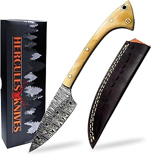 Custom Damascus Steel Hunting Knife - Fixed Blade Knives Ergonomic Camel Bone Handle Leather Sheath Outdoor Knives for Survival, Camping, Hiking Handmade Full Tang - Hercules Knives