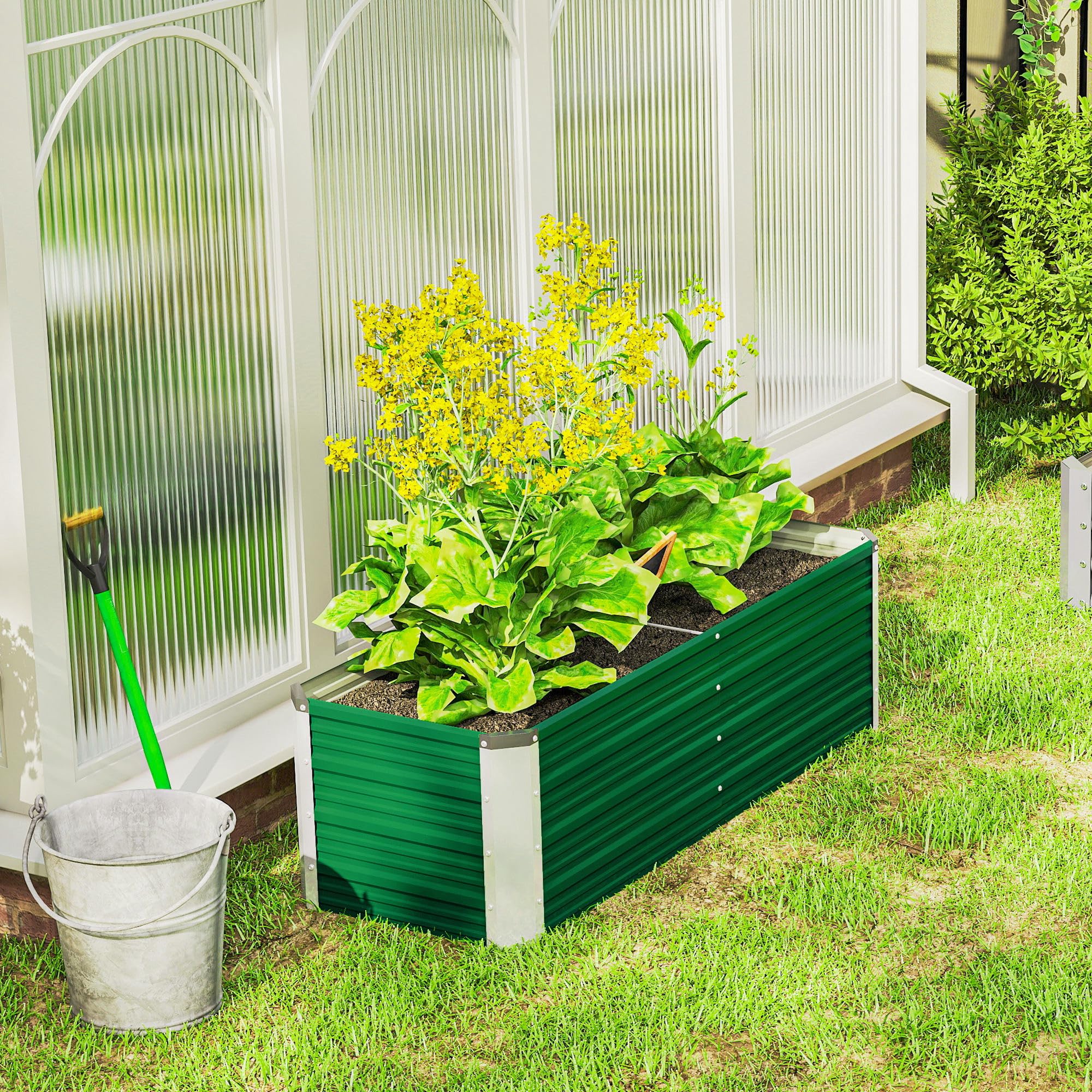 Outsunny Letto per Orto Rialzato da Esterno 210L, Fioriera da Balcone in Acciaio Galvanizzato con Fondo Aperto, per Piante, Fiori e Verdure, 125x47x44 cm, Verde
