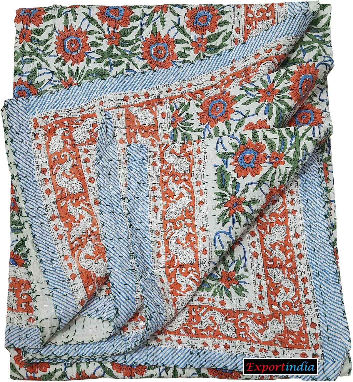 Cotton Kantha Quilt, King/Queen Size 90x108 Inch, Handmade, Soft, Reversible, 100% Cotton, Floral Print, Dry Clean Only