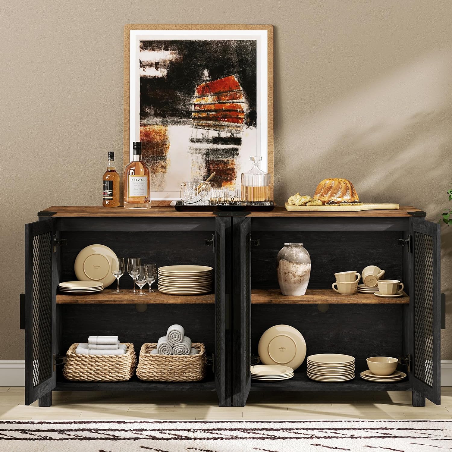 WAMPAT TV Stand Set for 100 inch TV,Door Storage Cabinet with Mesh for Living Room,Farmhouse Storage Units with Open and Adjustable Shelf,Antique White, Dark Walnut and Black