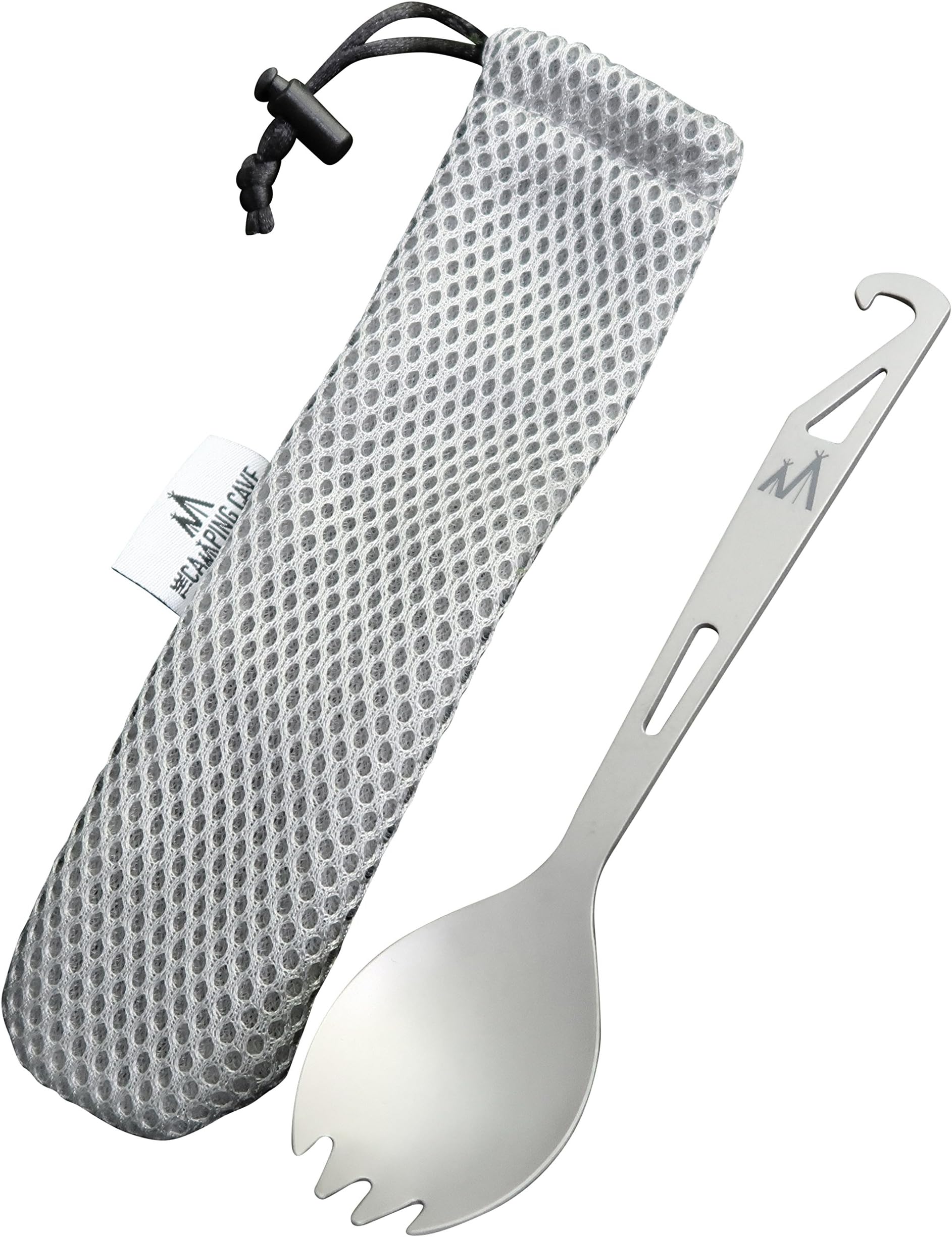 Titanium Spork Camping Utensil with Spoon, Fork & Bottle Opener - Ultra light yet strong for Camping, Hiking, Bushcraft, Fishing, Walking and BBQ's. Outdoor cutlery at its best. Free mesh carry case included.