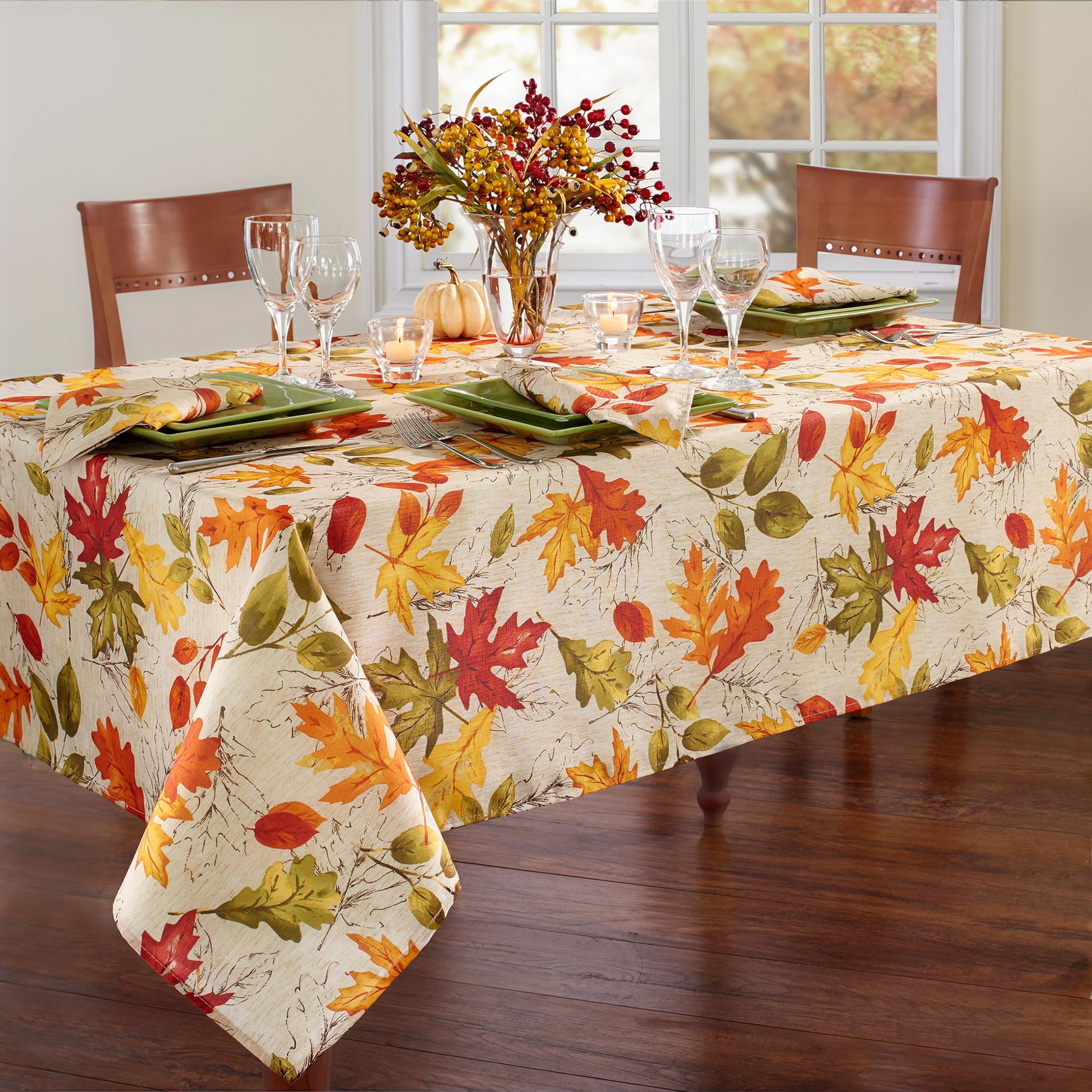 Tovaglia Elrene Quadrata 132x132 Cm Foglie Autunnali - Perfetta Per Ringraziamento E Cene In Famiglia