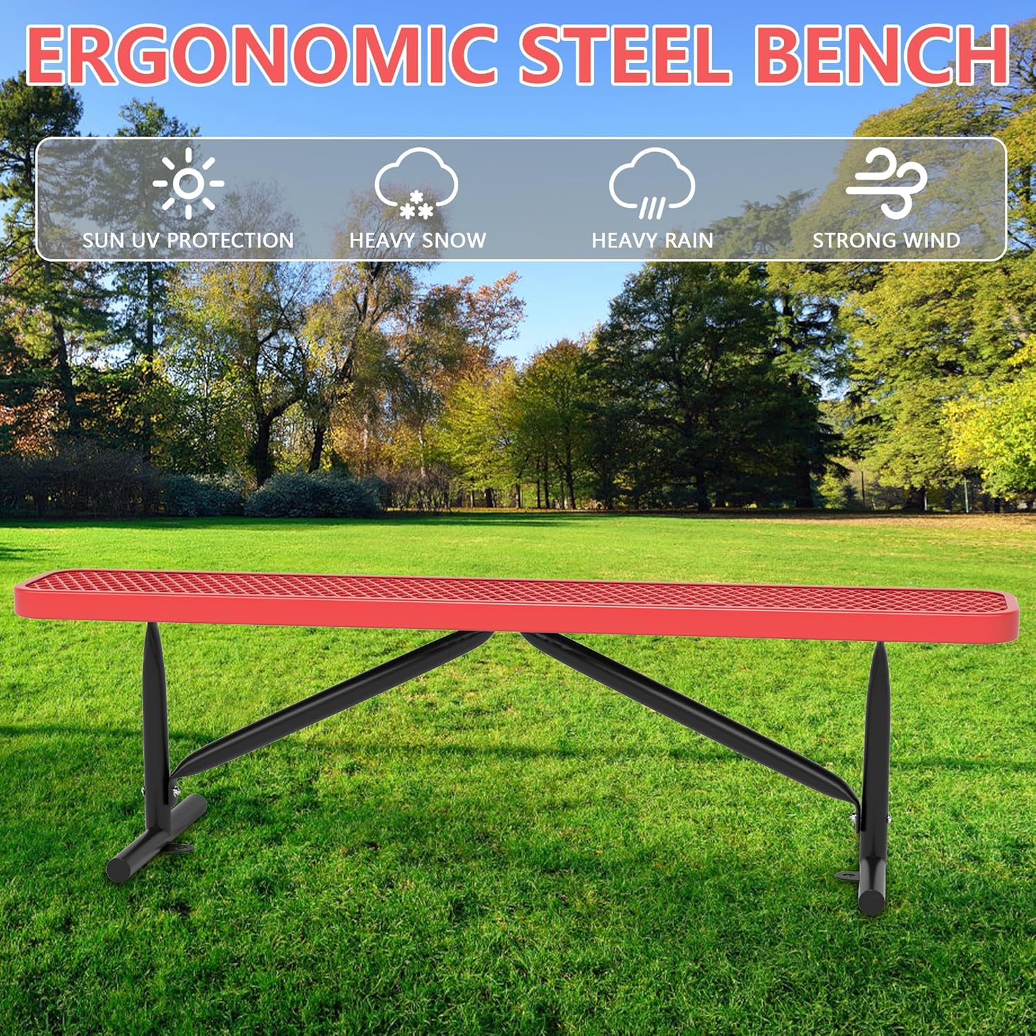 6 Feet Outdoor Steel Bench, Red Heavy Duty Metal Park Bench for Outside, Weatherproof Dock Bench, 72" L Commercial Benches Mesh Bench for Shopping Mall, Store, Lawn, Park, Patio, Deck, Garden