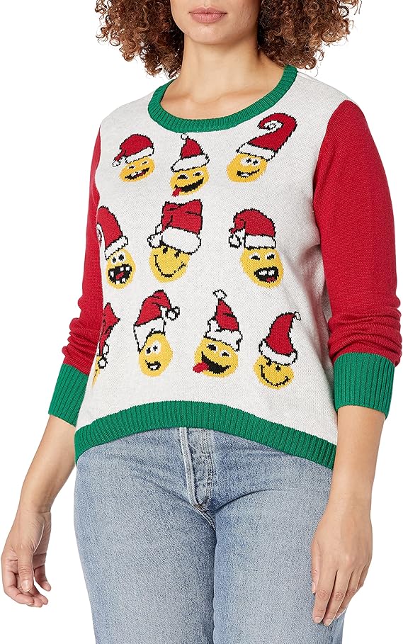 Ugly Christmas Sweater Junior's Emojis Cropped Barrel Bottom Pullover
