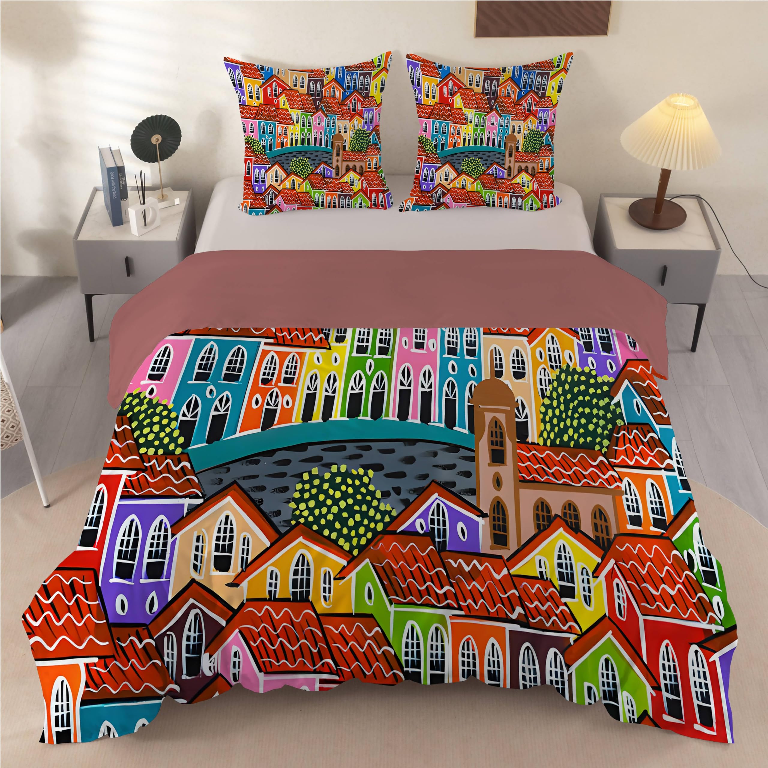 Housse de couette 2 personnes en microfibre rouge vert 240x260 avec taies d'oreiller 65x65