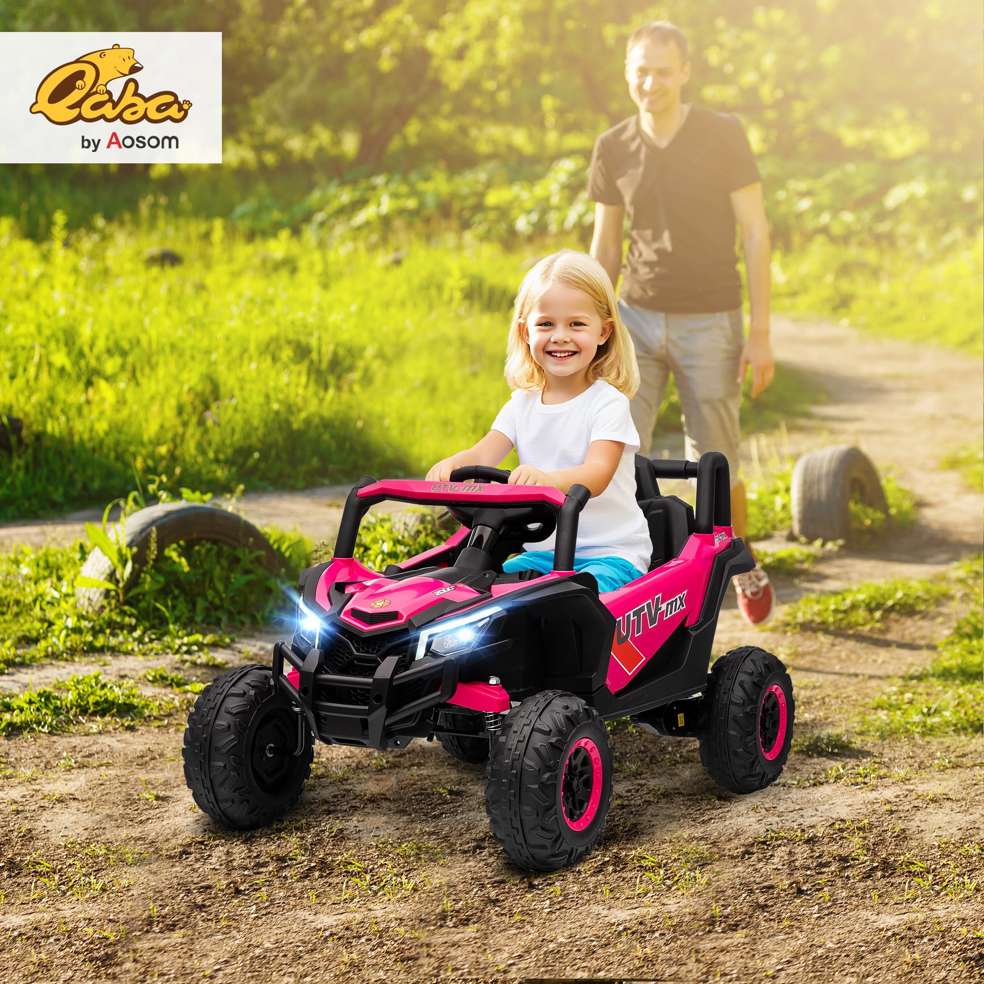 AIYAPLAY Macchina Elettrica per Bambini UTV 12V con 2 Motori e Luci, Rosa