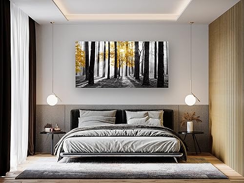 Miniatura 4 de Cao Gen Decor Art S06362 Arte de Pared Pintura en Lienzo Árbol Amarillo en Blanco y Negro Sunshine Bosque Brumoso Imagen Póster Impresión Enmarcado