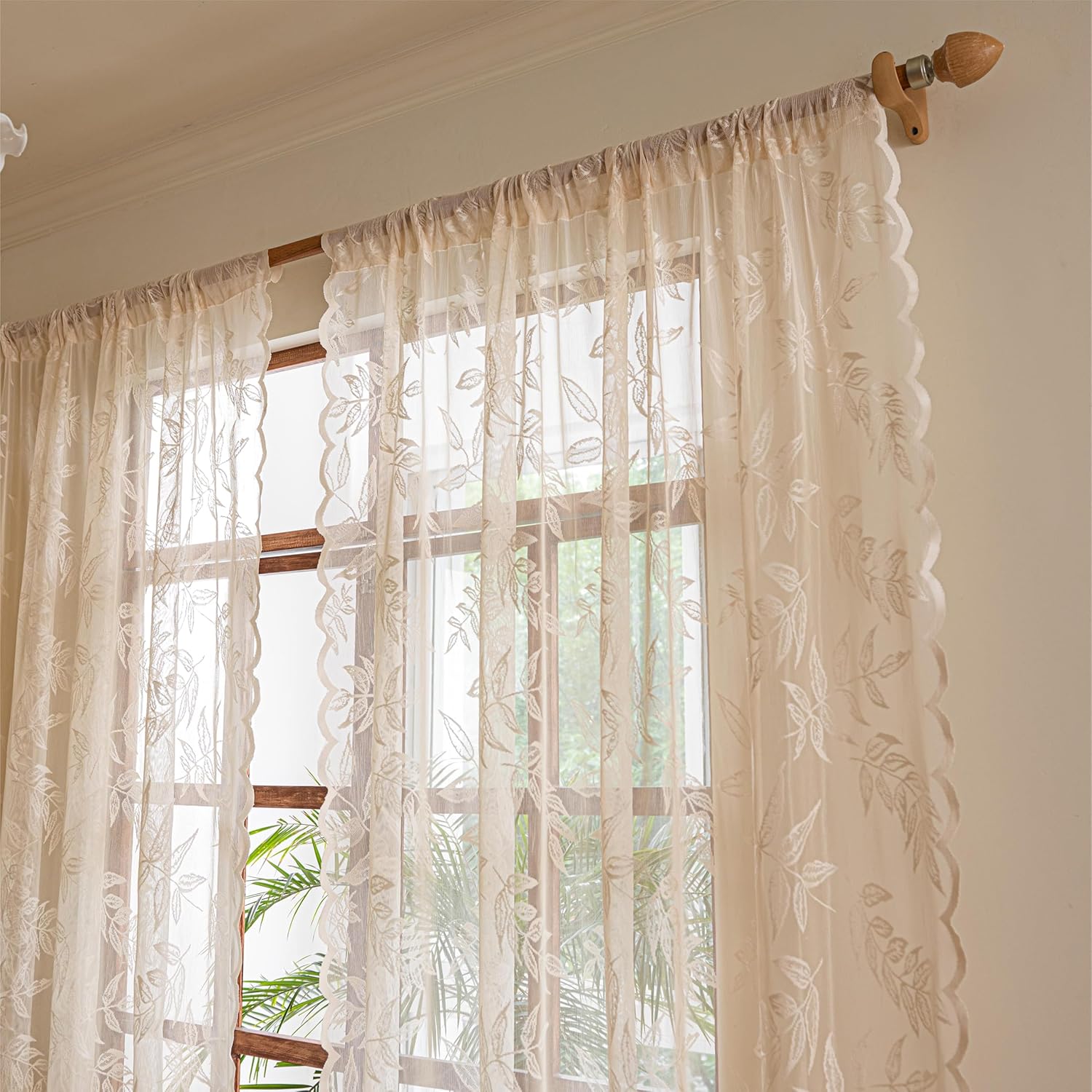 Sutuo Home Beige Lace Curtains for Bedroom Dining Room 96 Inches Long, Leaves Leaf Embroidery Window Sheer Drapes Pair, Rod Pocket Vintage French Retro Window Treatments Set of 2 Panels, 57" W x 96" L