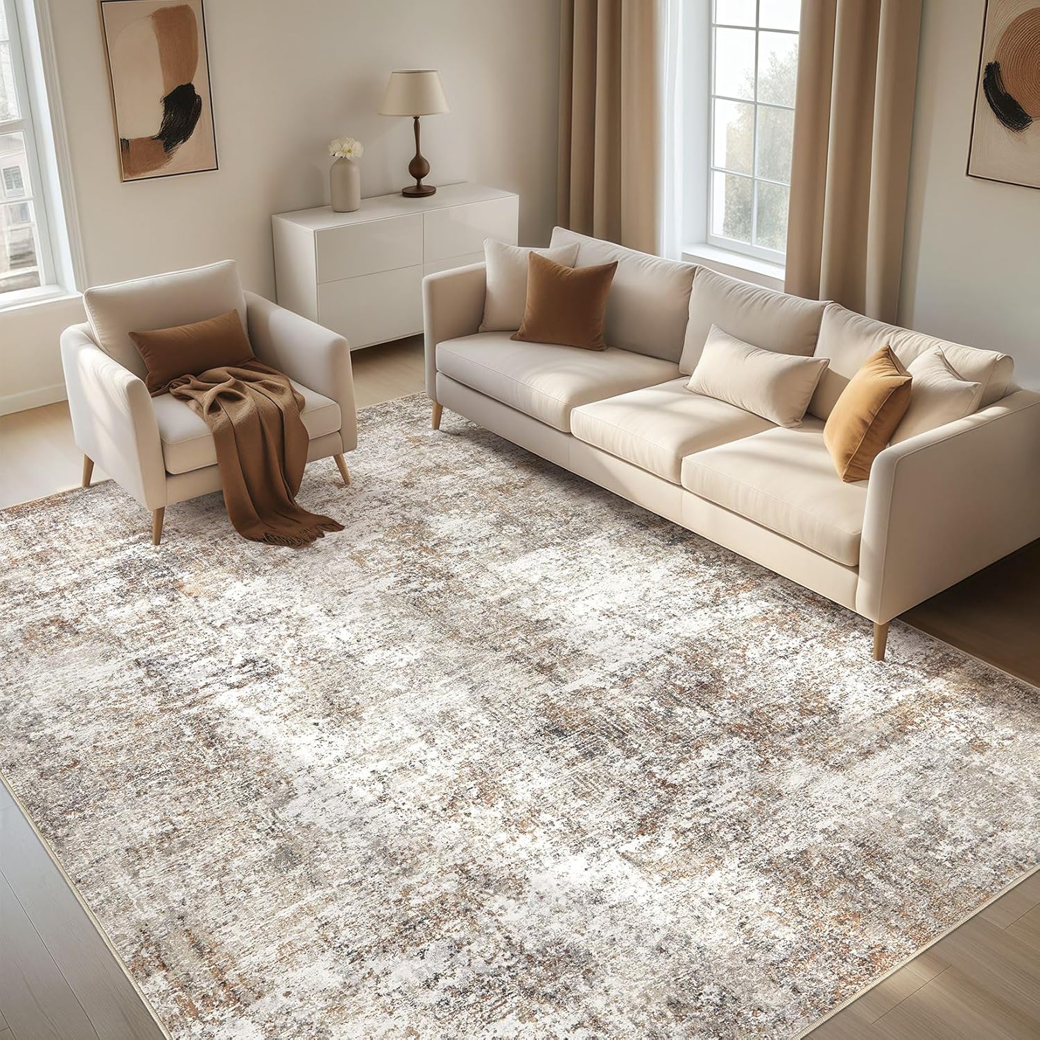 9x12 Area Rugs for Living Room - Washable Large Modern Abstract Rugs Soft Neutral Non Slip Ultra Thin Stain Resistant Indoor Carpet for Bedroom Dining Room Home Office,Brown 9 x 12 ft Brown