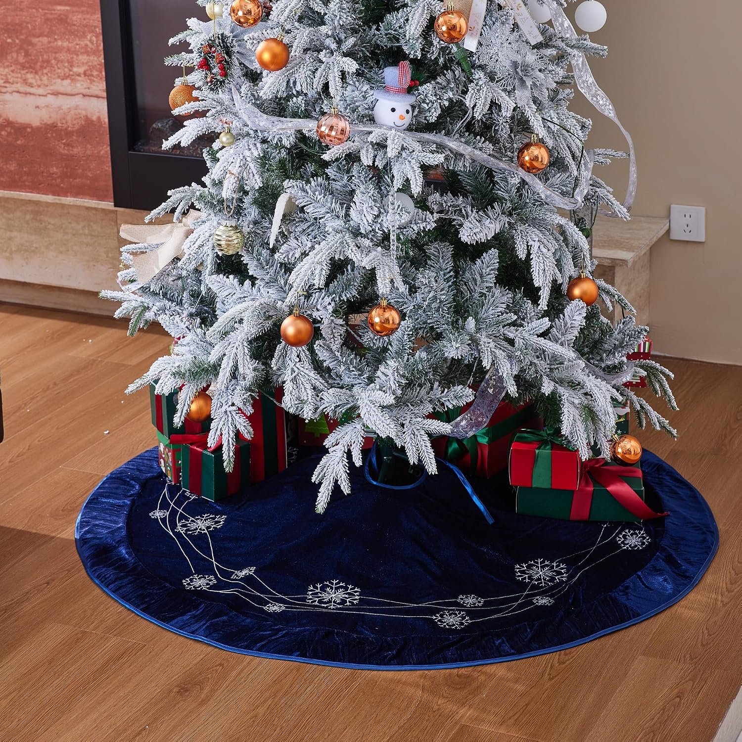 X.Sem Snowflakes Embroidered Velvet Christmas Tree Skirt with Pleat Velvet Border 50'' (Navy, 50 inch)