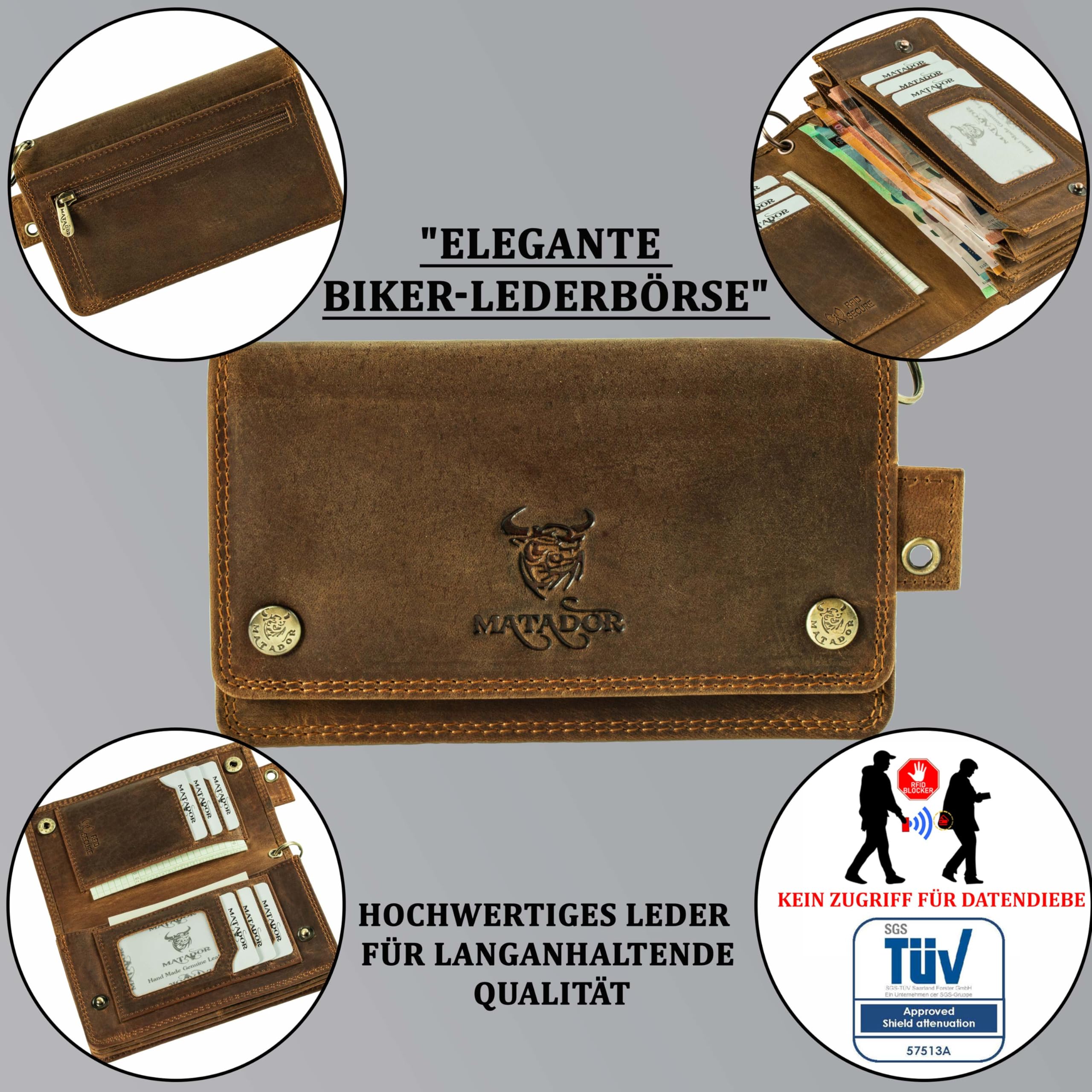 MATADOR #Dallas Portfel motocyklowy ze skórzanym łańcuszkiem z eleganckim pudełkiem podarunkowym, stylowy portfel z łańcuszkiem dla mężczyzn i blokerem RFID, luksusowy portfel z łańcuszkiem dla