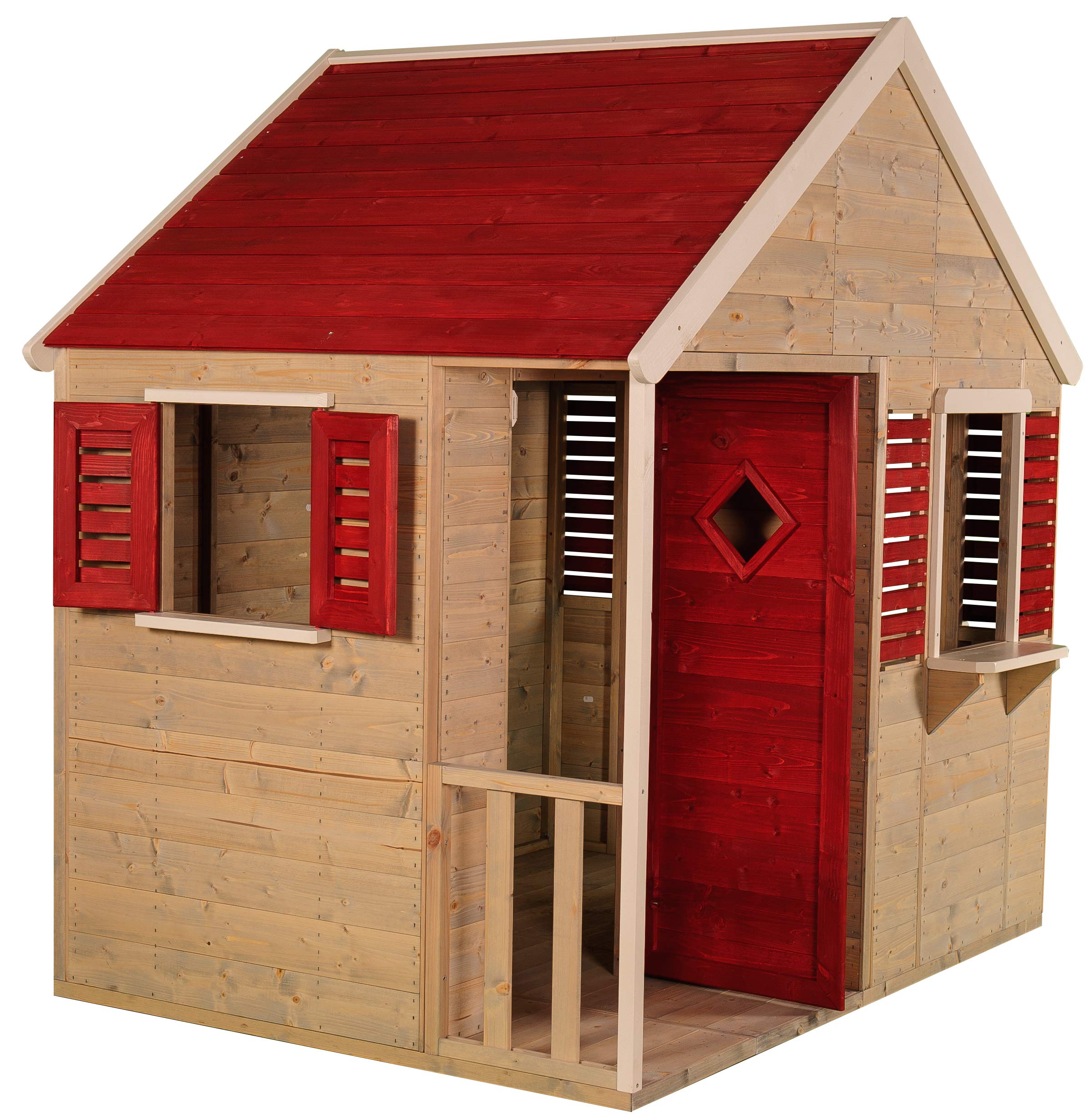 casa de Juegos de Madera para niños jardín 120×155×168 cm con Puerta, Ventana, persianas, terraza y estantería Interior, Color Rojo – M12R