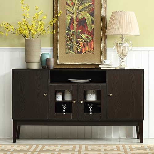60" Modern Solid Wood Sideboard Buffet Table Storage Cabinet Tall Console Table with 4 Doors, Espresso