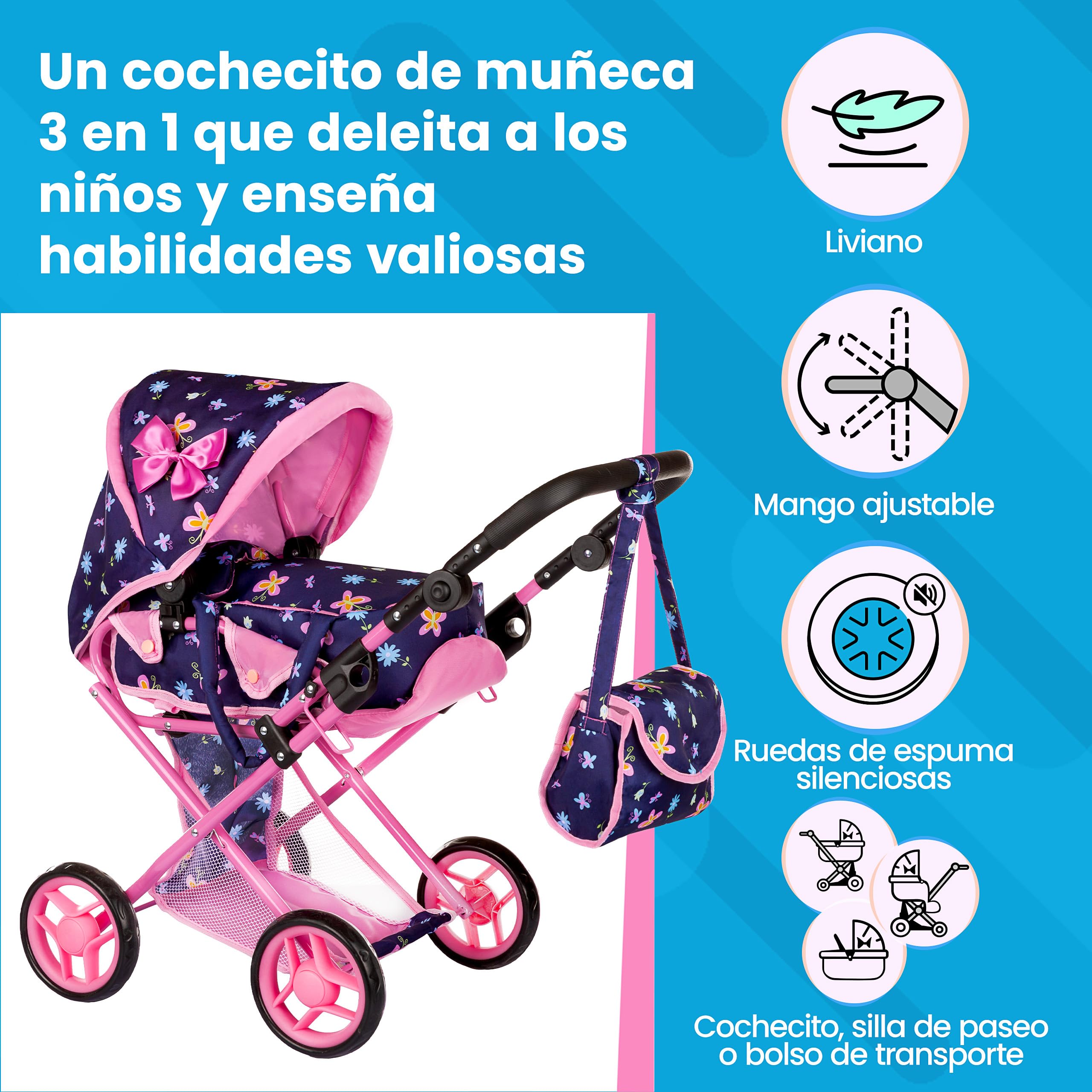 Carriola de Juguete con Muñeca y Accesorios Plegable con Cinturon de Seguridad con Mango, Cochecito con Diseño Realista, con Manubrio Suave Carriola de Juguete con Muñeca y Accesorios Plegable con Cinturon de Seguridad con Mango, Cochecito con Diseño Realista, con Manubrio Suave