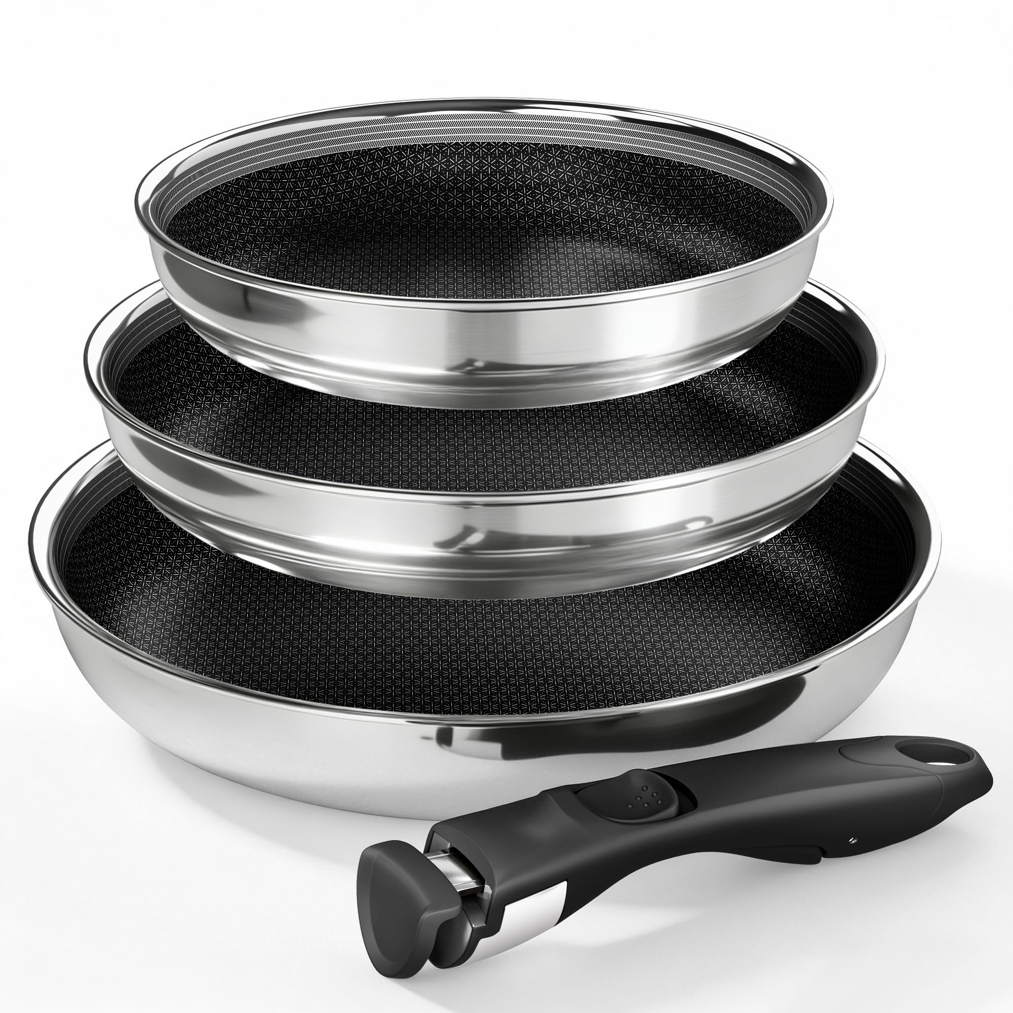 Photo 1 of **FACTORY SEALED** Kitchen Academy 3-Ply Stainless Steel Frying Pans Set, 8/9.5/11 Inch 18/10 Nonstick Skillets with Removable Handle for Small Spaces, Dishwasher & Oven Safe Induction RV Camping Pans