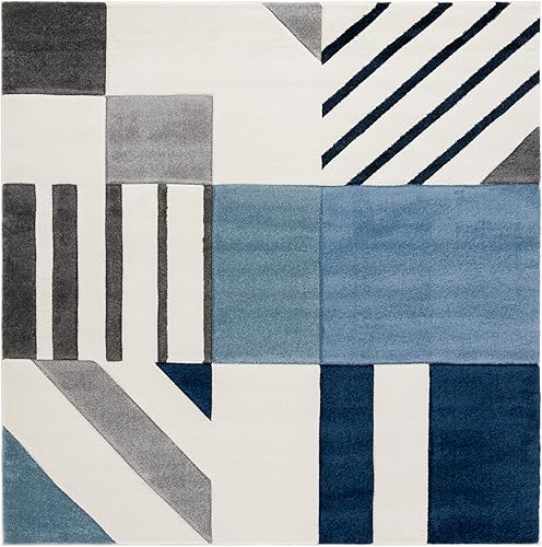 Vista 19 de SAFAVIEH Hollywood Collection - Alfombra decorativa de 4 x 6 pies, color marfil y azul pavo real, diseño moderno de mediados de siglo, no desprende