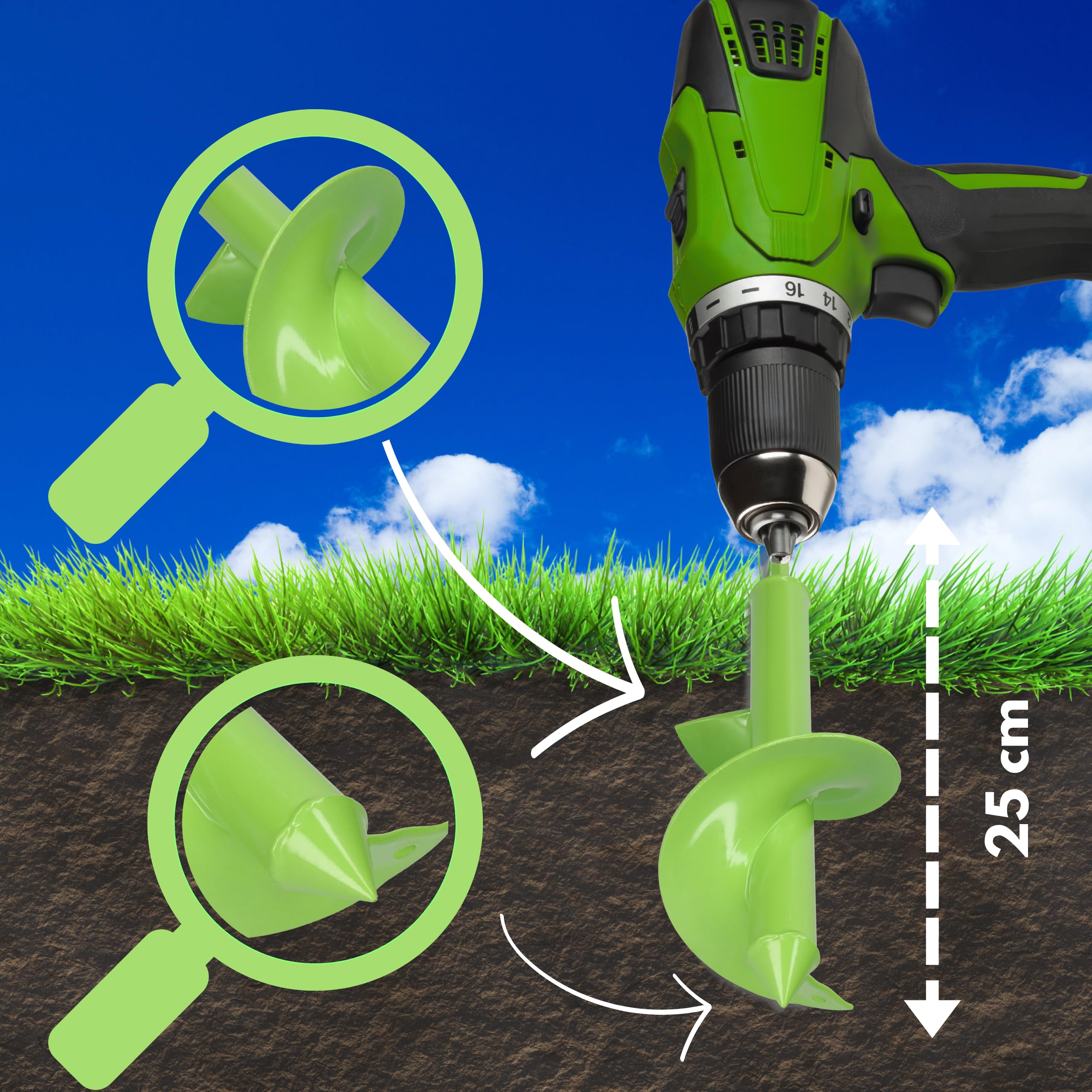 WERHE Punta da terra 100 mm Ø, lunga 250 mm per trapano e avvitatore a batteria – trivella da giardino per piantare senza sforzo fiori, arbusti e scavare fori per pali di recinzione