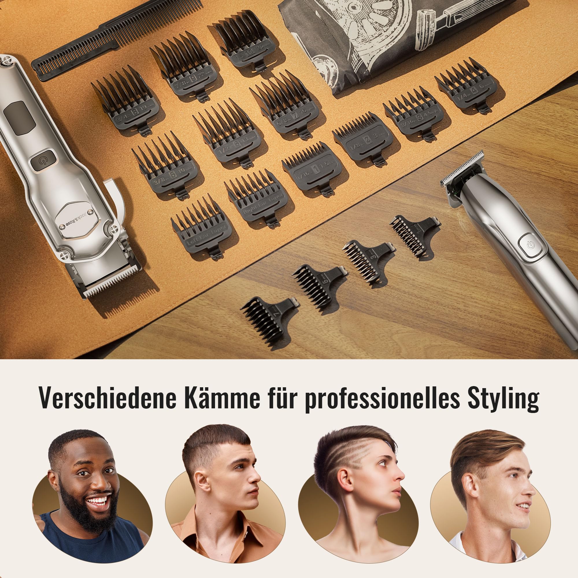 Jack & Rose Haarschneidemaschine Profi Haarschneider Kabellos Wiederaufladbar IPX7 Wasserdicht Bartschneider Herren Pflegeset