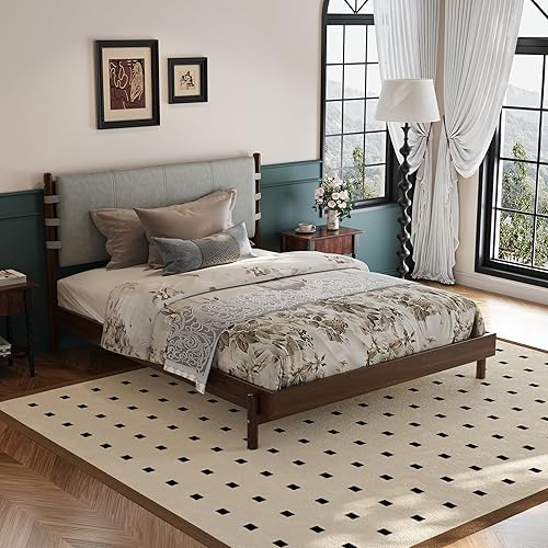 Miniatura 17 de Bastidores de cama de plataforma de madera de goma de alta calidad, marco de cama tamaño Queen con cabecero incluido, camas modernas de mediados de