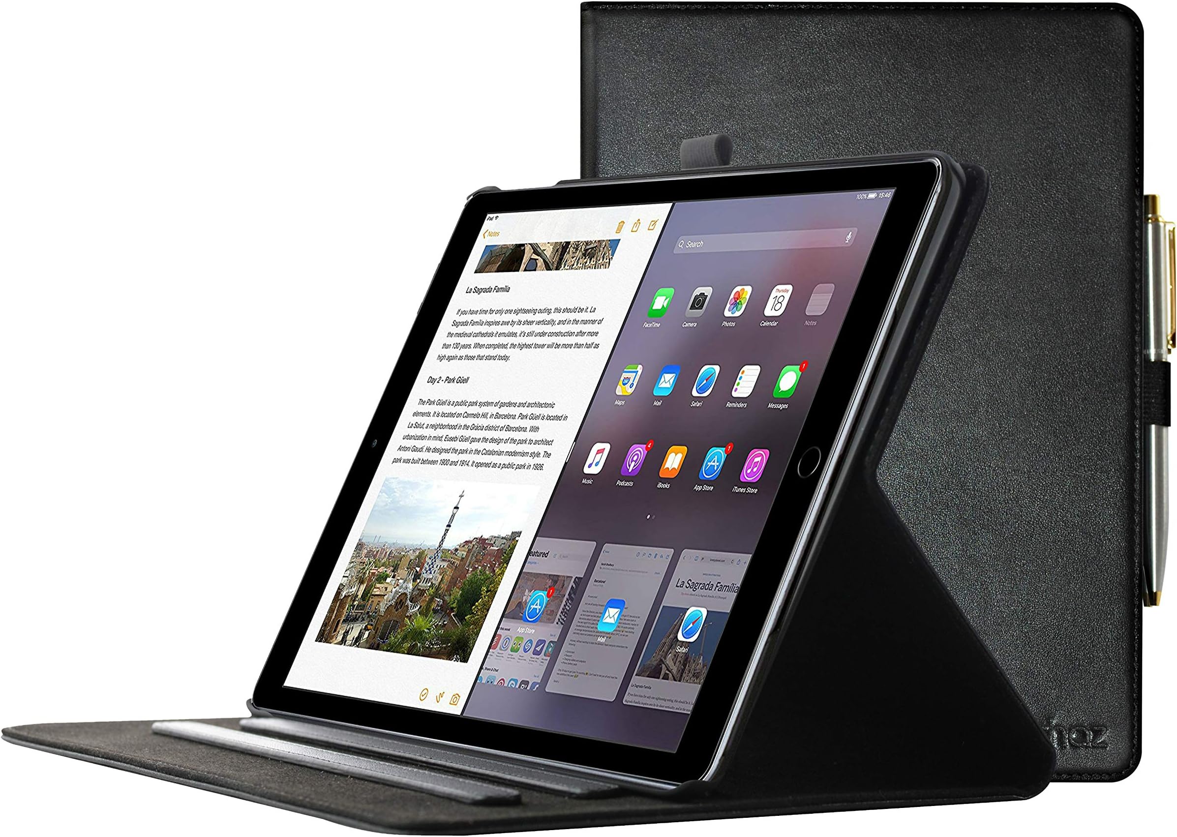 Archaz iPad Air 2 leather case - Premium Leather Smart Cover with Auto Sleep/Wake Function for iPad Air 2- Adjustable Viewing Stand - Pencil Holder (iPad Air 2, metal)