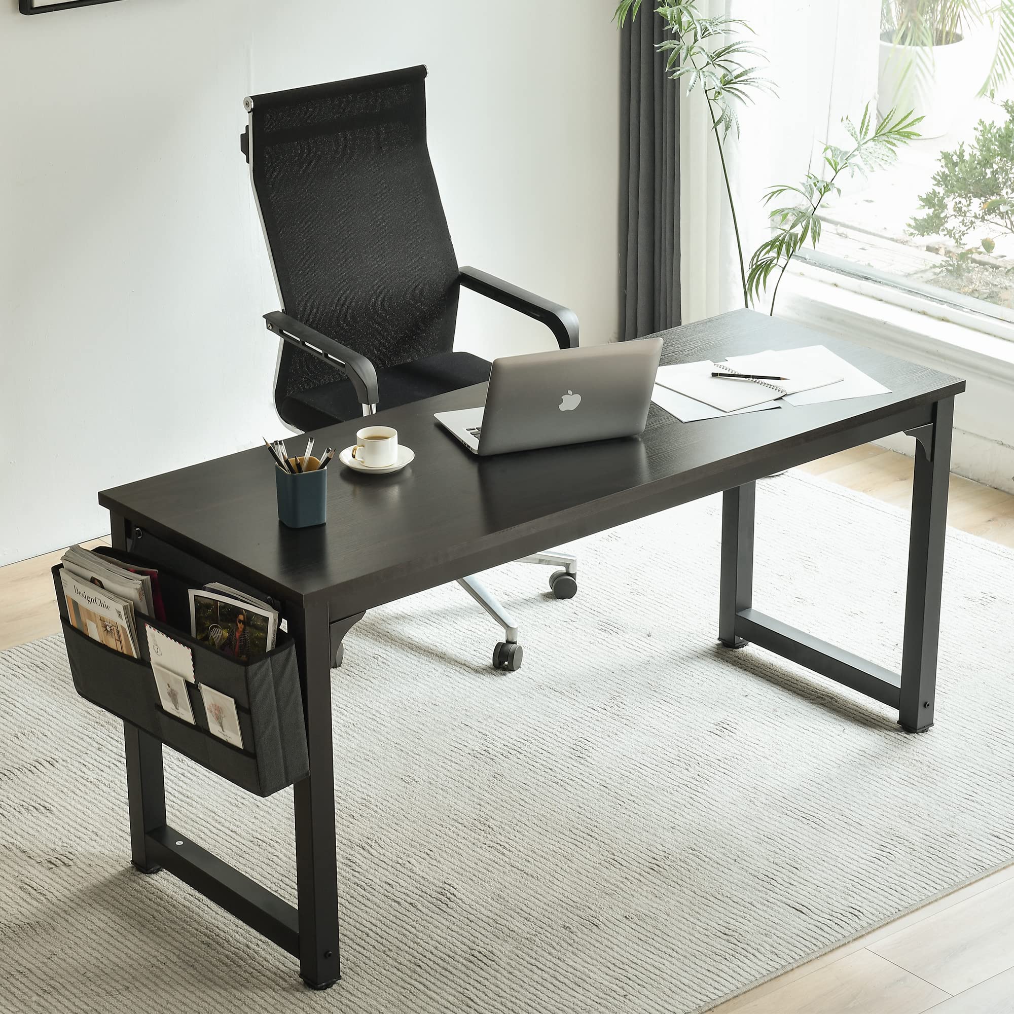 63 inch Computer Desk,Large Home Office Desk Modern Wood Writing Table Rustic Gaming Desk Sturdy Extra Thick Wooden Desktop Thicker Metal Frame PC Workstation with Storage Bag and Hooks,White (Black)