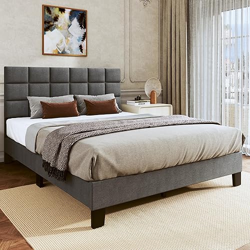 Miniatura 3 de Base de cama tamaño matrimonial tapizada con cabecero ajustable de tela de lino, cabecera capitonada de tela de lino, soporte de listones de madera,