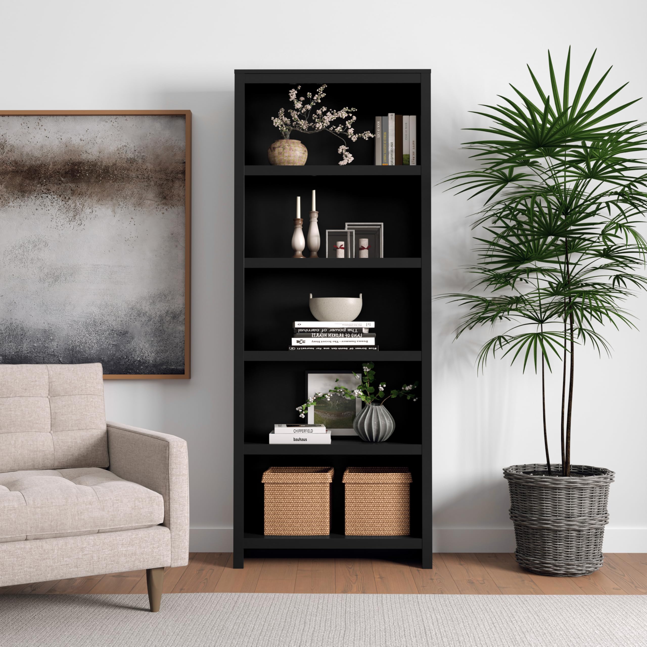 Snapklik.com : Prepac Moda 5-Tier Tall Wooden Bookcase, Black Storage ...