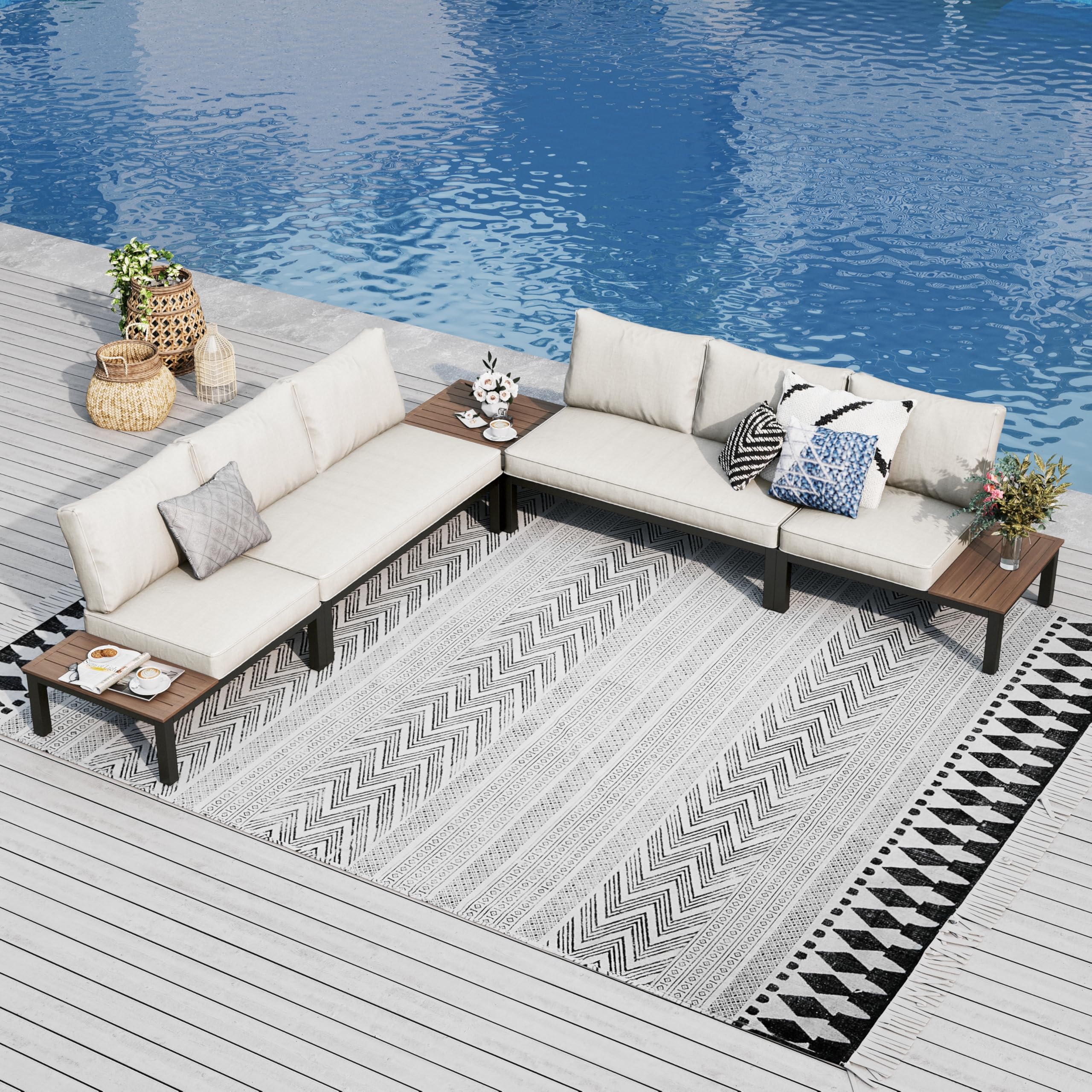 PHI VILLA Ensemble de meubles de jardin de balcon 5 pièces en métal - Salon de jardin d'extérieur 6 places - Mobilier de terrasse modulaire avec coussins renforcés et table basse - Beige