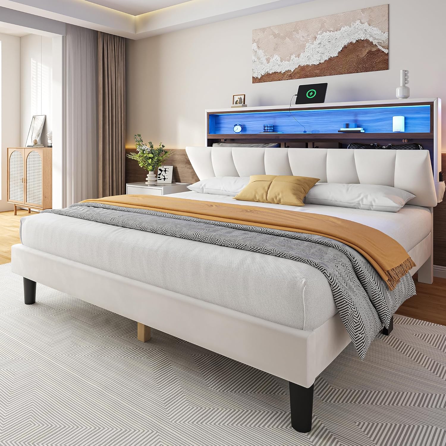 dwvo queen size bed frame with storage, led headboard, platform bed with outlet & usb ports, no box spring needed, easy assembly (beige) velvet bed with storage headboard white queen