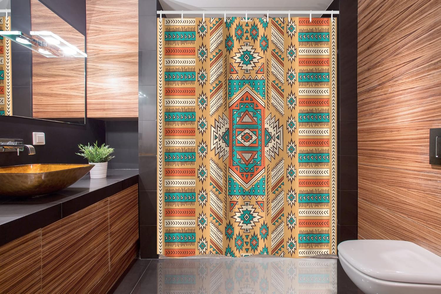 Ambesonne Tribal Stall Shower Curtain, Secret Tribe Pattern in Bohemian Style, Fabric Bathroom Decor Set with Hooks, 54" W x 78" L, Apricot Orange and Teal