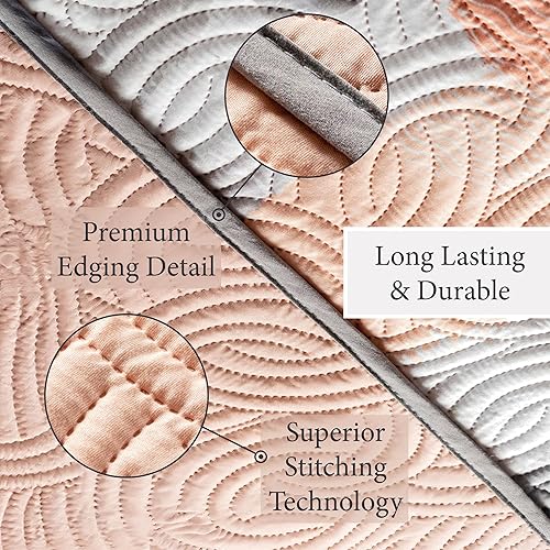 Miniatura 7 de Vianney Edredón Queen Novo Milan Bedding reversible ligero acolchado manta 91 x 93 pulgadas, suave diseño de pinceladas rosa y gris, colcha