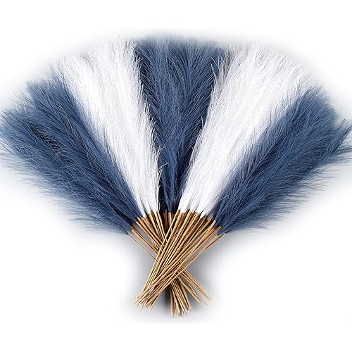 60Pcs Navy Blue and White Faux Pampas Grass Decor, 21.7" Pompas Grass Flower Arrangement and Vase Filler for Boho Home Wedding Decoration