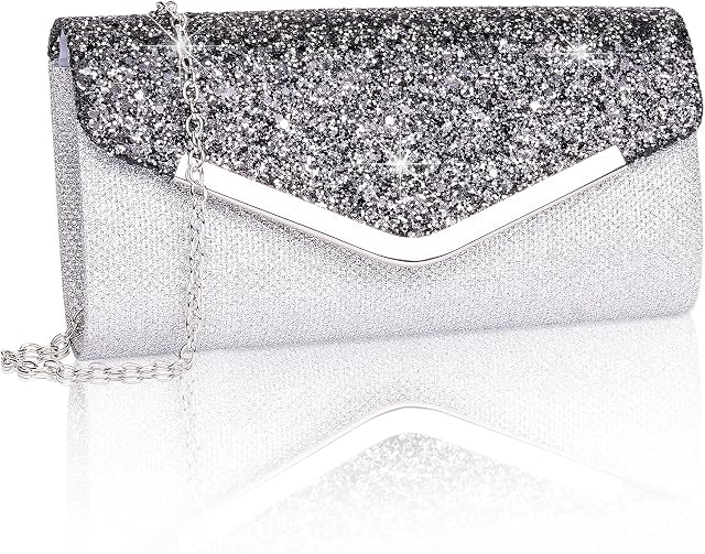 Larcenciel Women's Clutches, Black and Silver Stitching - Shiny Sequins Handbag with Detachable Chain, Stylish Crossbody Shoulder Bag, Elegant Small Purse Envelope Evening Clutch for Bridal Prom Party