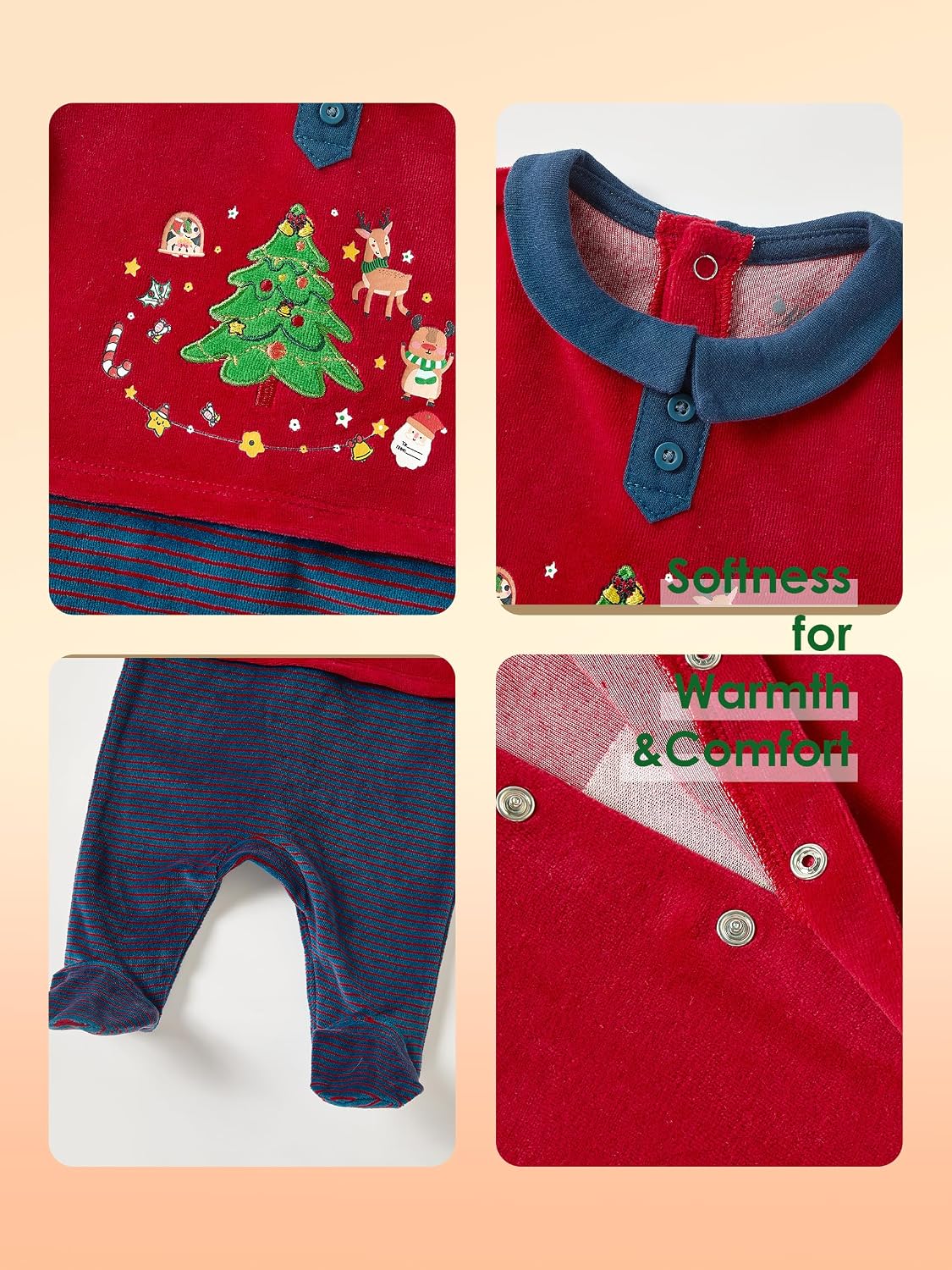 Christmas Baby Footed Romper, Soft Cotton Blend Velvet Infant Jumpsuit, Warm Fall Winter Clothes for Newborn to 12 Months
