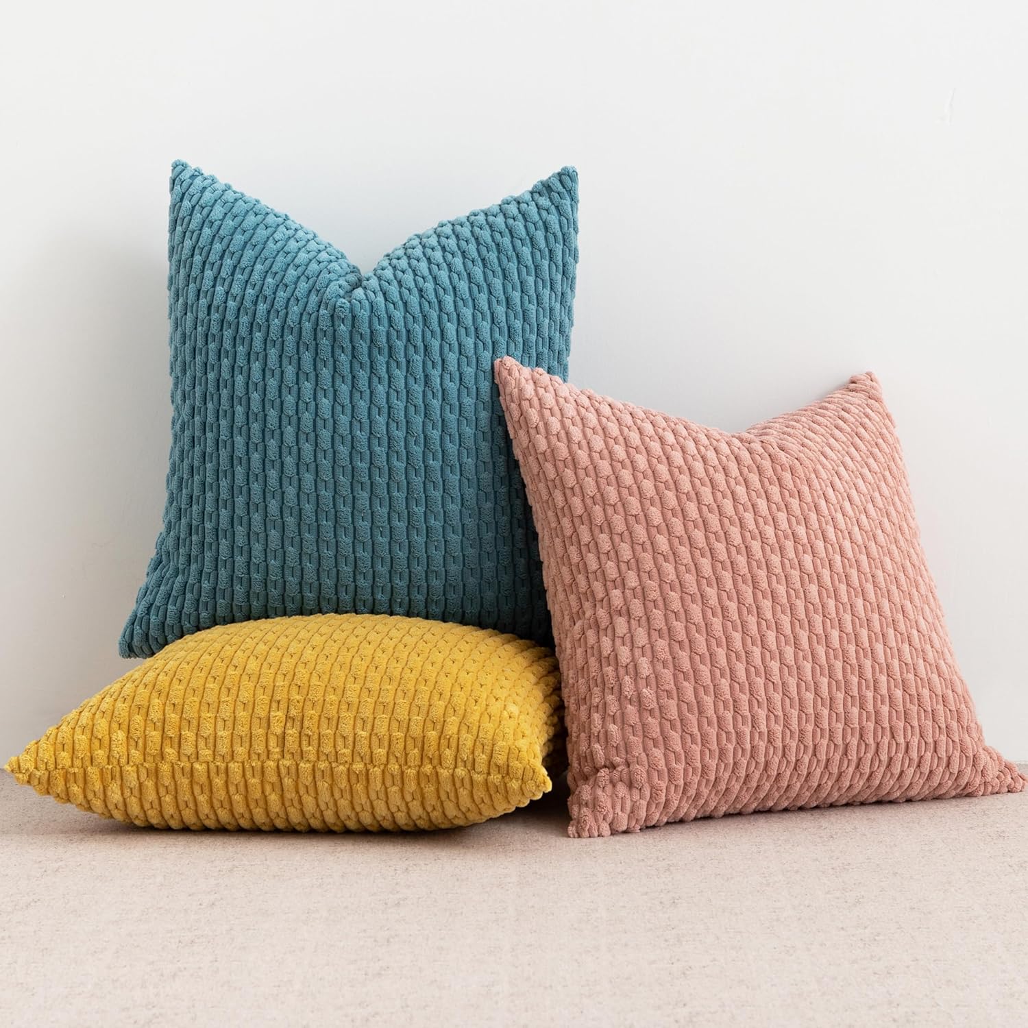 UGASA Soft Corduroy Pillow Covers Pack of 4 Boho Stripe Decorative Pillow Covers Pillowcases 18x18 Inch Home Decor Modern Farmhouse for Sofa Living Room Couch Bed, Light Blue