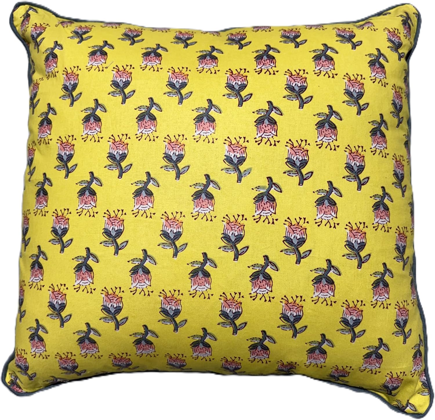 COTSILER 100% Cotton Hand Block Printed Pillow Covers 18x18 Set of 2 - Yellow, Floral Farmhouse Cushion Covers with Hidden Zipper, Boho Decorative Throw Pillowcases for Sofa Couch Bed