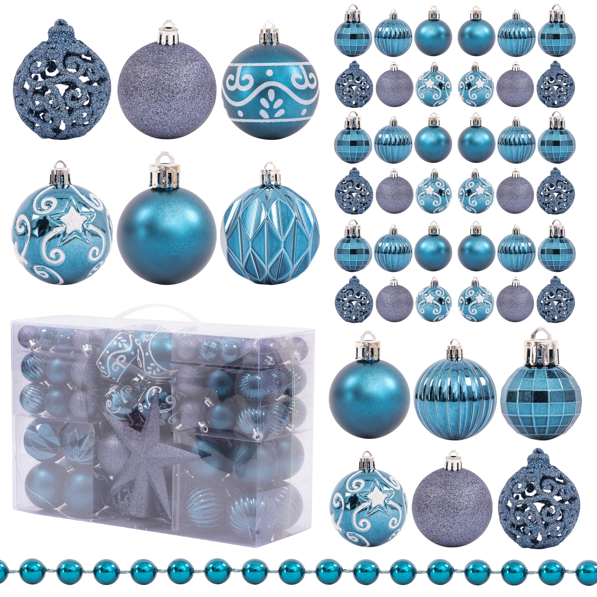 Christmas Tree Decoration Set 100 Pieces - Baubles, Star Topper & Bead Garland - Glitter, Matte & Metallic Ornaments (Navy)