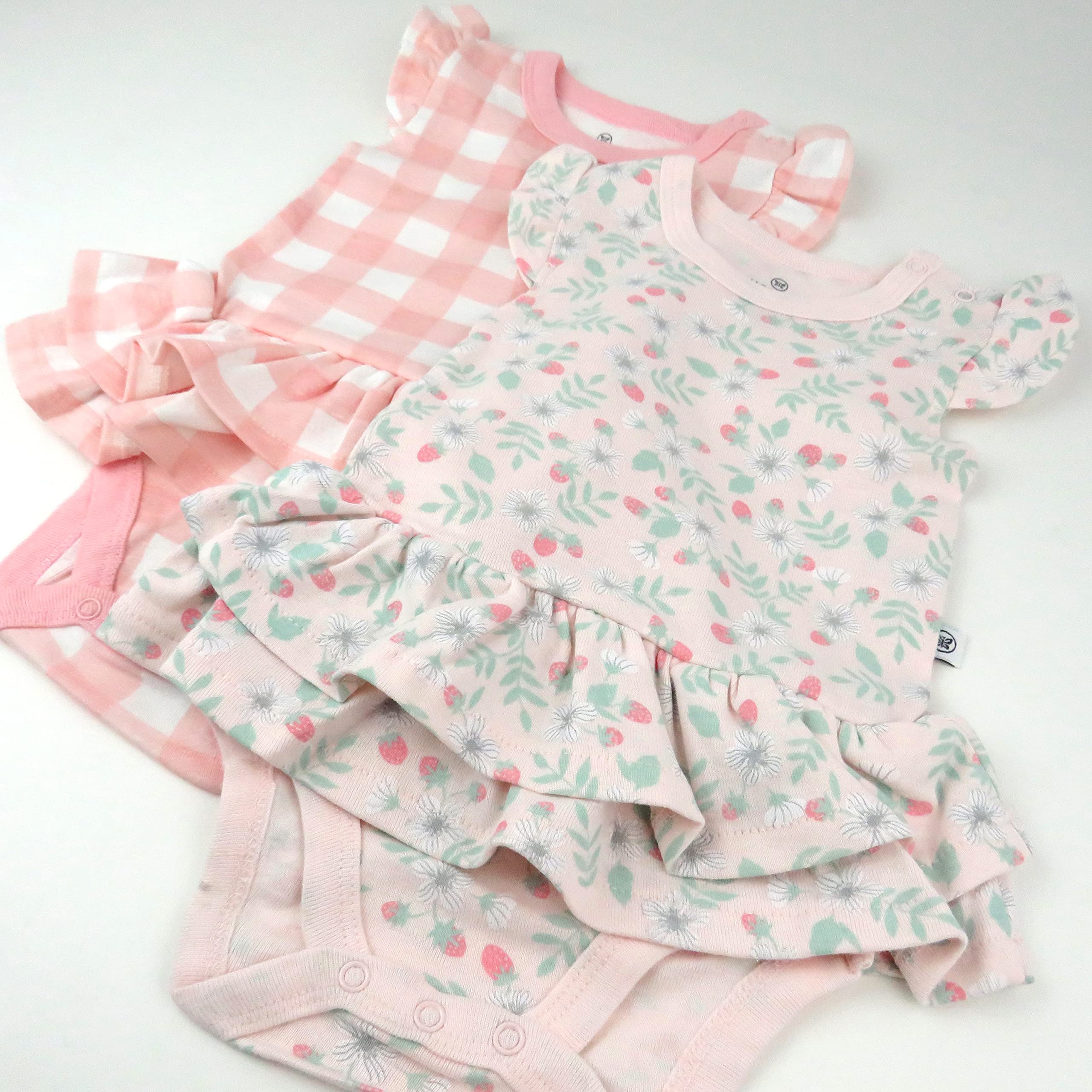 HonestBaby Multipack Short Romper Sets Dresses 100% Organic Cotton For Infant Baby and Toddler Boys, Girls, Unisex Vestido, Parche de Fresa, 0-3 Meses (Pack de 2) para Niñas