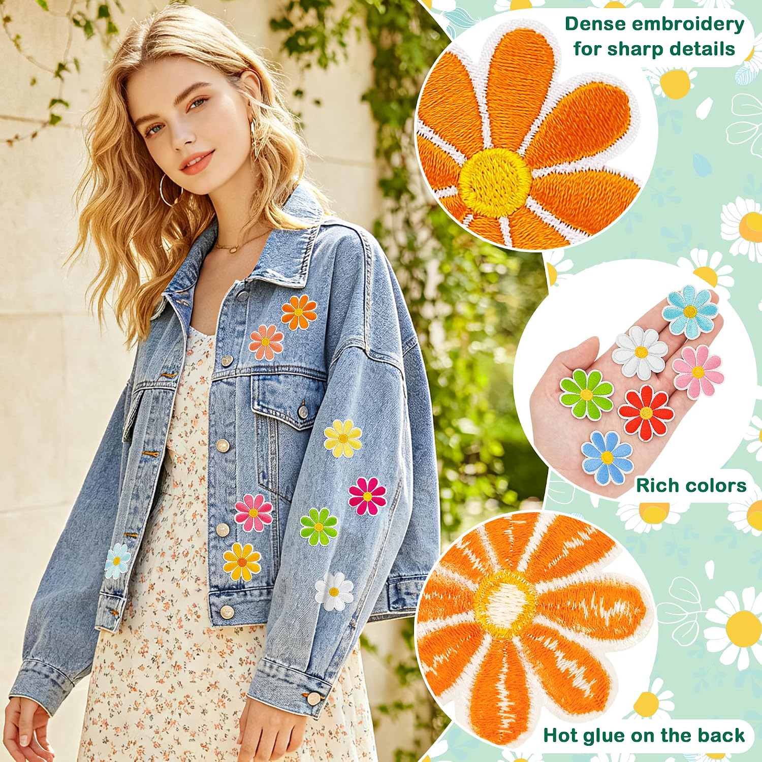 Daisy Flower Iron on Patches, 32 Pcs Colorful Cute Embroidered Floral Applique Patches for Clothes, Bags, Hats, Jackets, Jeans and Backpacks(Colorful) image 3