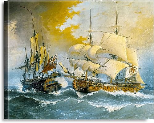 A&T ARTWORK Batalla entre una fragata española y el barco inglés Stanhope Sailboat Warship Reproducciones de pintura, reproducciones, impresiones en