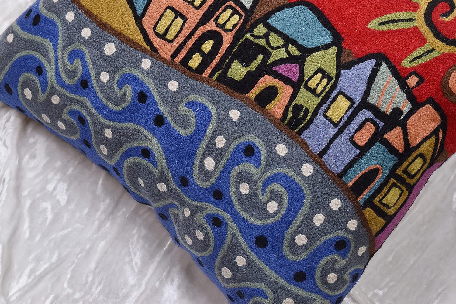 Red Town Tree of Life Pillow Cover Karla Gerard Folklore Accent Pillowcase by Sea Coastal Plant Tree Chair Cushion Farmhouse Throw Pillowsham Hand Embroidered 18x18 Inch