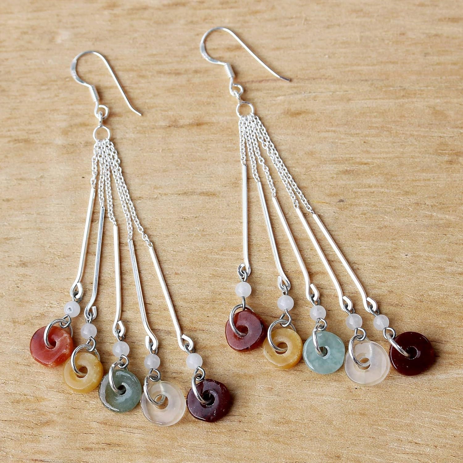 NOVICA Artisan Handmade Jade Quartz Waterfall Earrings | .925 Sterling Silver Glass Bead Dangle Earrings | Multi-color Stones Dangle Earring | Handcrafted Jewelry | Earthy Blend Themed Thailand - Image 7