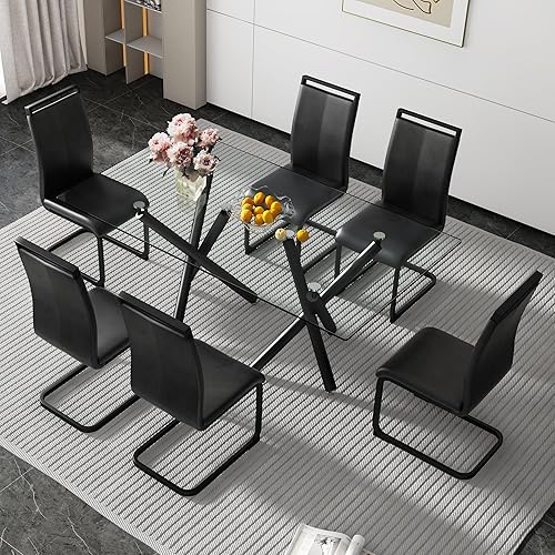 Miniatura 29 de Juego de 6 mesas de comedor de cristal, moderno juego de mesa de comedor de 71 pulgadas con 6 sillas de comedor tapizadas de piel sintética para