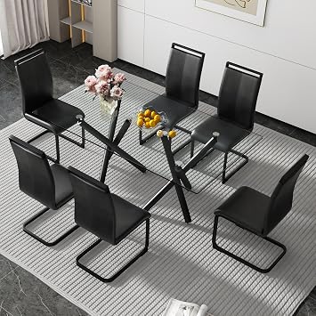 Glass Dining Table Set of 6, Modern Kitchen Glass Dinner Table Set, 71 Rectangular Transparent Tempered Glass Dining Table and 6 PU Upholstered Dining Chairs Set for Living Room, Kitchen, Office