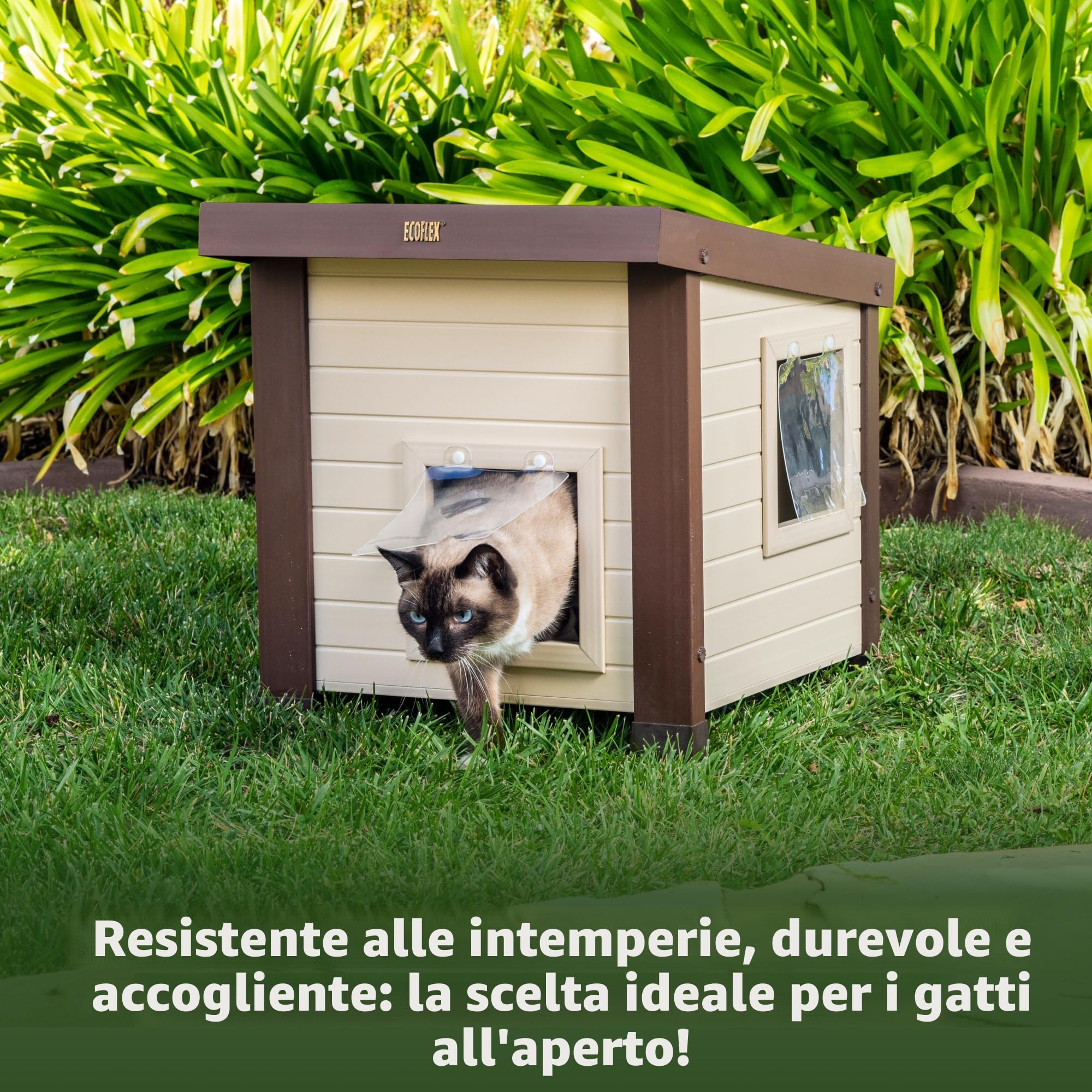New Age Pet® ECOFLEX® Albany, Casetta per Esterni per Diversi Gatti Selvatici, Facile e Veloce da Montare, con 2 sportelli in Vinile, Resistente all'umidità e agli odori
