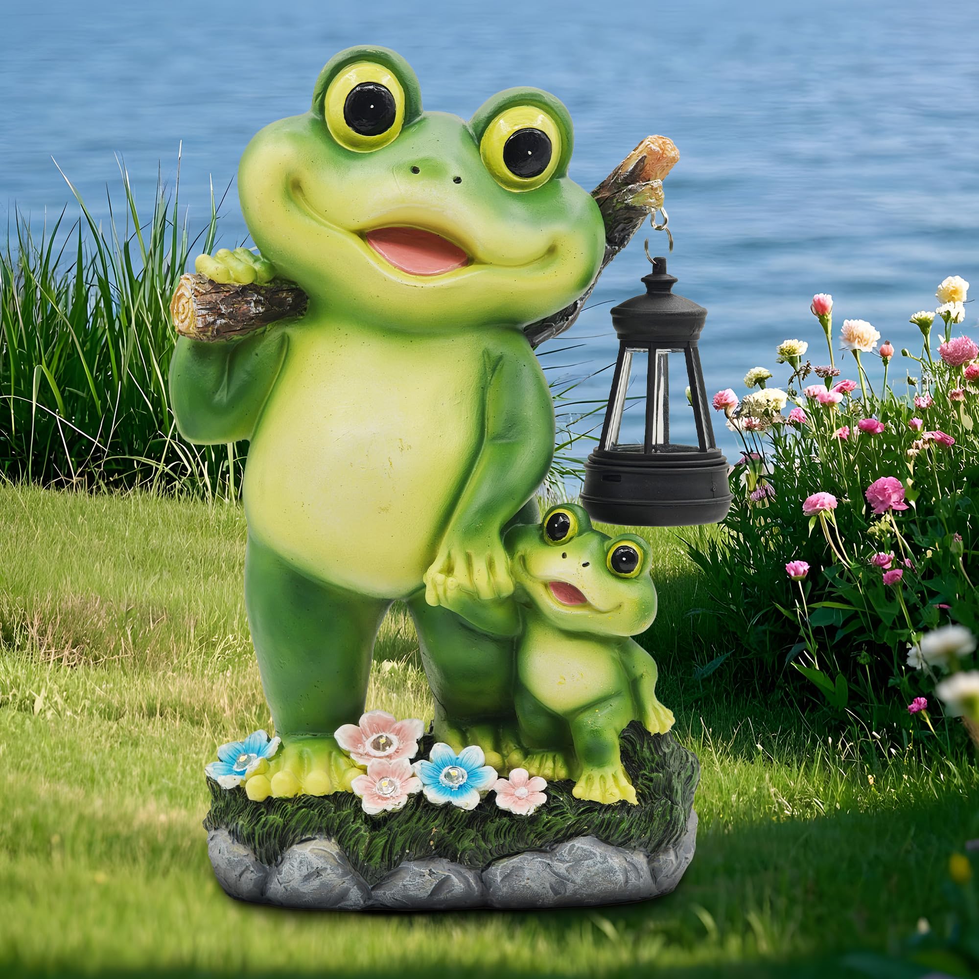 Decorazione da giardino a forma di rana per esterni: decorazione da giardino da 25,4 cm con lanterna a LED, divertente statua solare genitore-figlio, regalo per donne, giardiniere