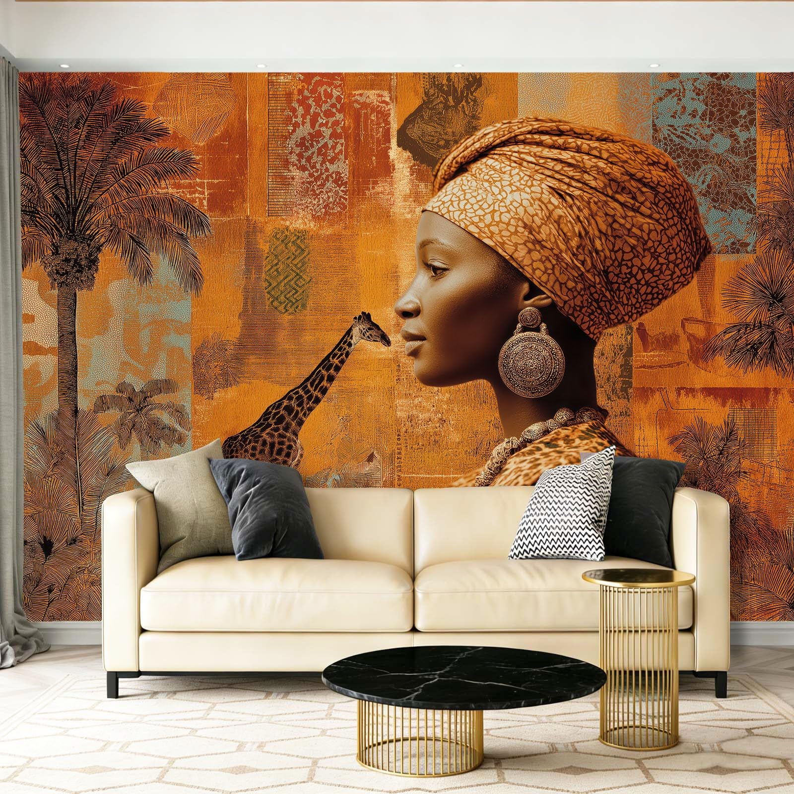 Papier peint panoramique girafe abstraite brun jaune déco murale salon 350x256 cm