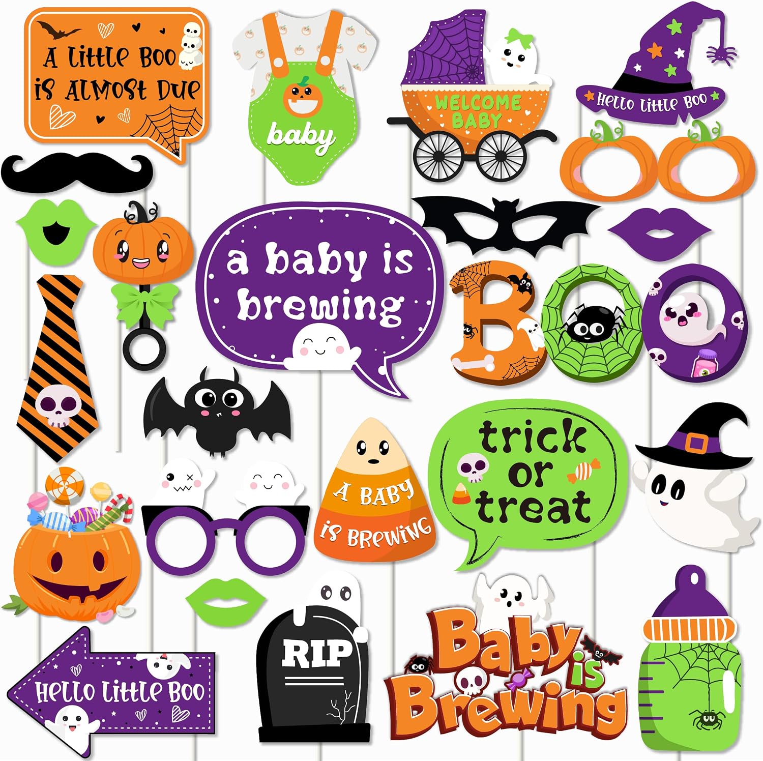 24 Pieces Halloween A Baby Is Brewing Photo Booth Props Decorations, Halloween Trick or treat Props for Baby Shower Gender Reveal Party