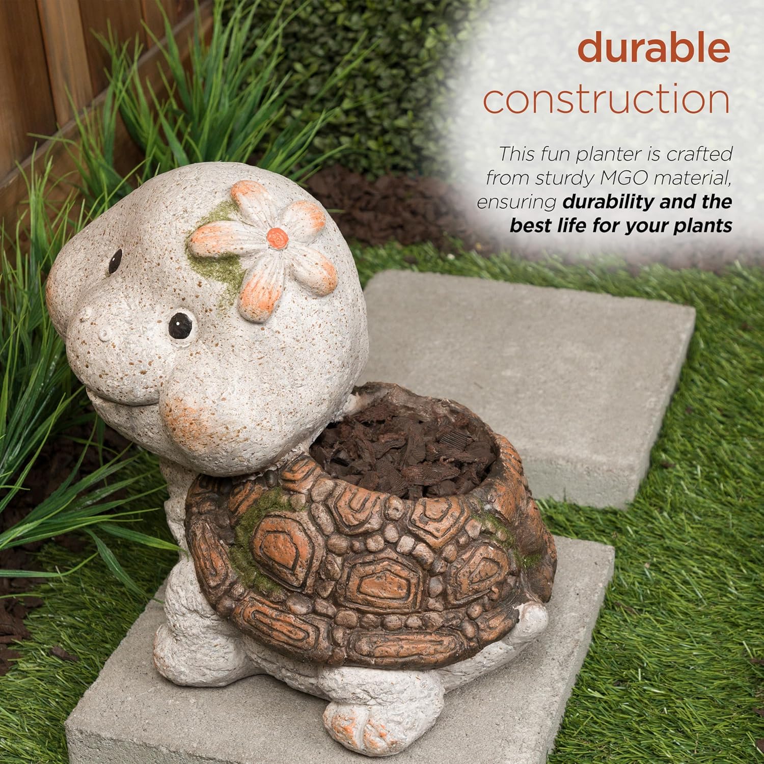 Alpine Corporation WQA1592 Blushing Tortoise Statue Planter w/Drainage Hole, Décor for Garden, Patio, & Lawn, 13" H, Gray
