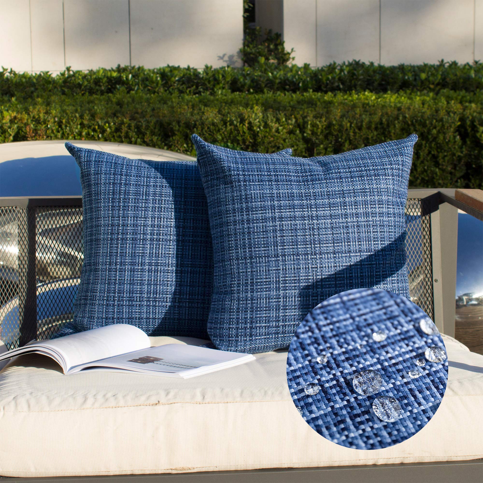Kevin Textile Waterproof Cushion Covers 50x50 cm Set of 2 Outdoor Stripe Woven Texture Water Resistant Seat Cushions Cover 20x20 Inch for Garden Patio Balcony Couch Sofa Chair Seats, Navy Blue
